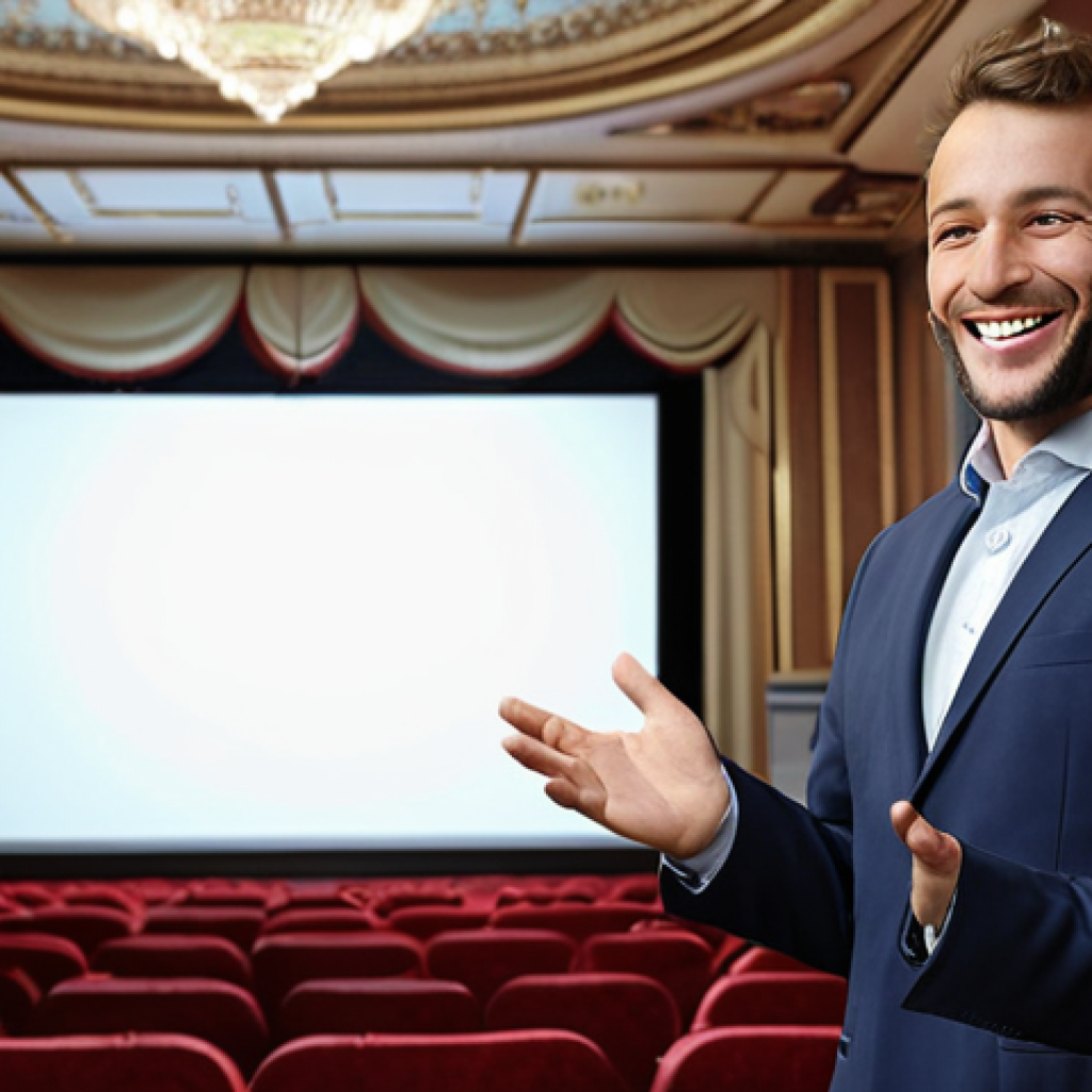 ** A person confidently giving a presentation in French, smiling and engaging with the audience. Focus on conveying a sense of overcoming stage fright and enjoying the experience.

**
