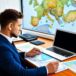 A professional, determined individual in a modest business suit, sitting at a modern desk, surrounded by meticulously organized documents, a laptop displaying a map of Europe, and a notepad with detailed plans. The individual is focused, contemplating the complex process of moving abroad, with a cup of coffee nearby. The setting is a bright, tidy home office. safe for work, appropriate content, fully clothed, professional, perfect anatomy, correct proportions, natural pose, well-formed hands, proper finger count, natural body proportions, high-quality professional photography.