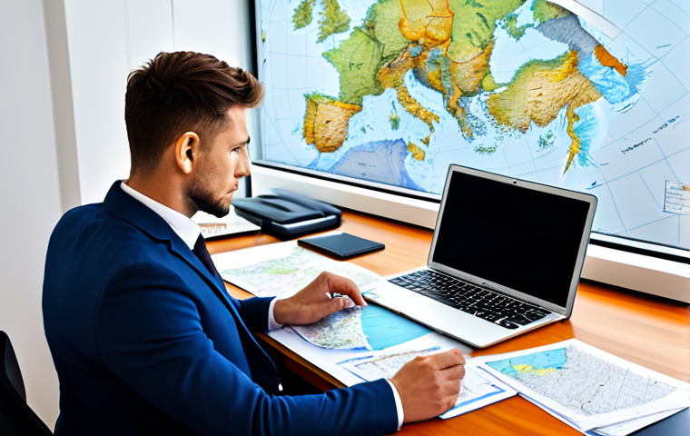 A professional, determined individual in a modest business suit, sitting at a modern desk, surrounded by meticulously organized documents, a laptop displaying a map of Europe, and a notepad with detailed plans. The individual is focused, contemplating the complex process of moving abroad, with a cup of coffee nearby. The setting is a bright, tidy home office. safe for work, appropriate content, fully clothed, professional, perfect anatomy, correct proportions, natural pose, well-formed hands, proper finger count, natural body proportions, high-quality professional photography.