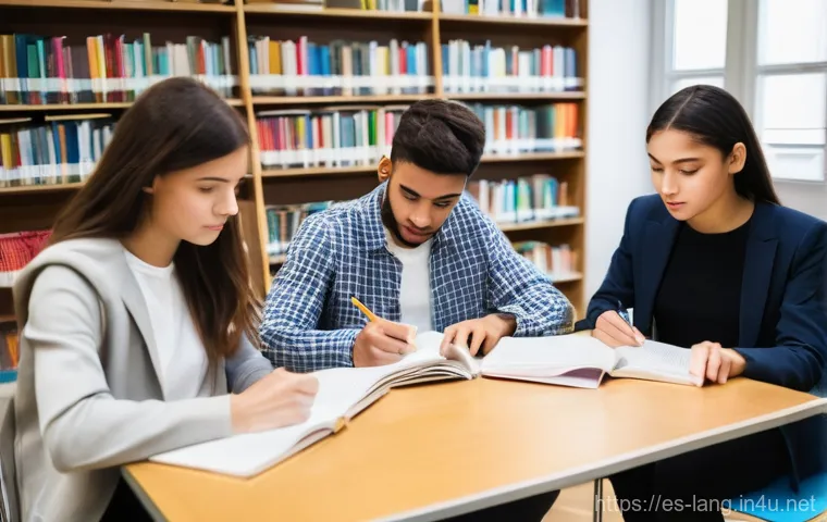 프랑스어 자격증 시험 장소 정보 - A diverse group of young adults, aged 18-25, diligently studying together for a French language cert...