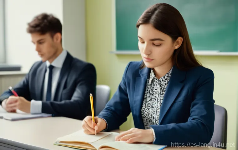 프랑스어 자격증 시험 장소 정보 - A diverse group of young adults, aged 18-25, diligently studying together for a French language cert...
