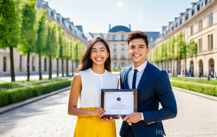 프랑스어 자격증 시험 장소 정보 - A quiet and professional examination room setting. A young woman in her early twenties, dressed in s...