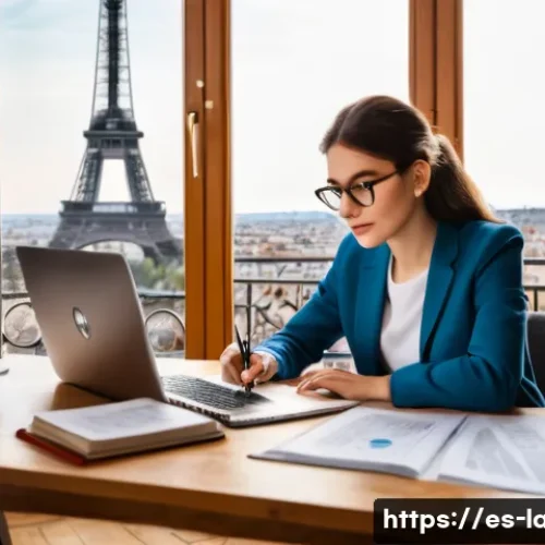 프랑스어 자격증으로 가능한 유럽 커리어 - A professional young woman studying French certification materials at a modern desk, surrounded by b...