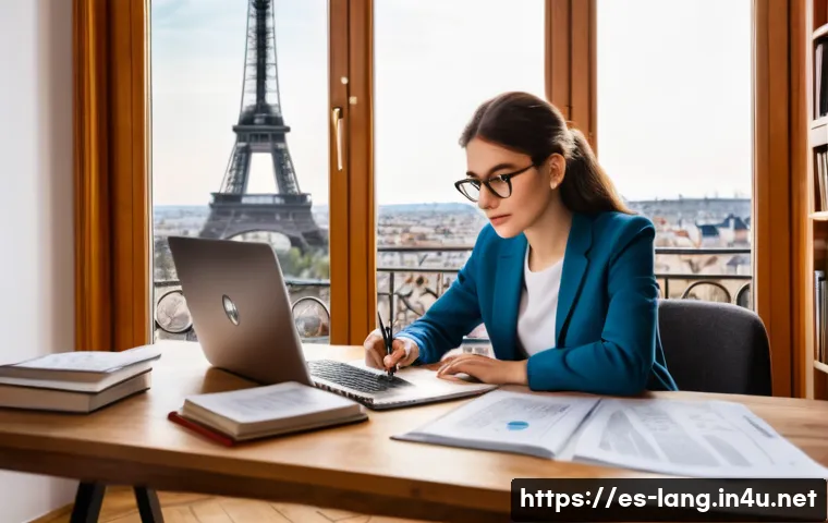 프랑스어 자격증으로 가능한 유럽 커리어 - A professional young woman studying French certification materials at a modern desk, surrounded by b...