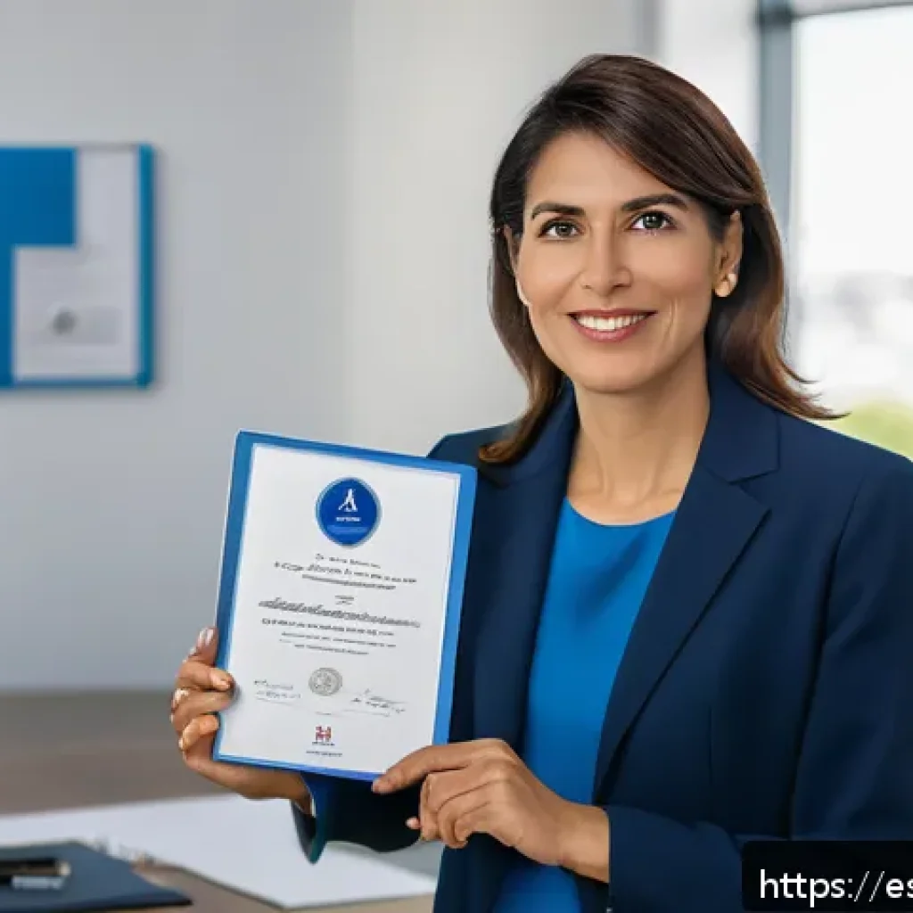 프랑스어 자격증 취득 후 취업 사례 - A professional woman in a modern office environment confidently holding a DELF French language certi...