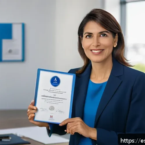프랑스어 자격증 취득 후 취업 사례 - A professional woman in a modern office environment confidently holding a DELF French language certi...