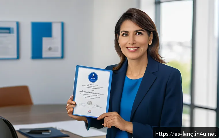 프랑스어 자격증 취득 후 취업 사례 - A professional woman in a modern office environment confidently holding a DELF French language certi...