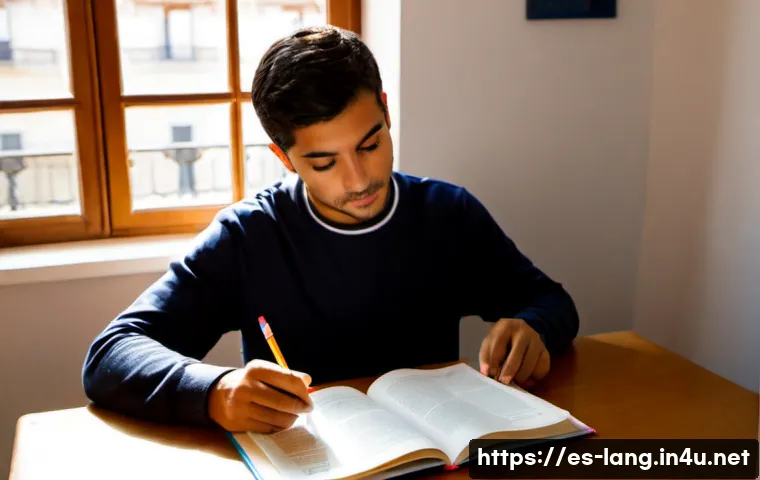 Home 17 프랑스어 독해 고득점 전략 - Photorealistic Spanish-speaking adult student at a tidy home study desk in Madrid, carefully analyzi...