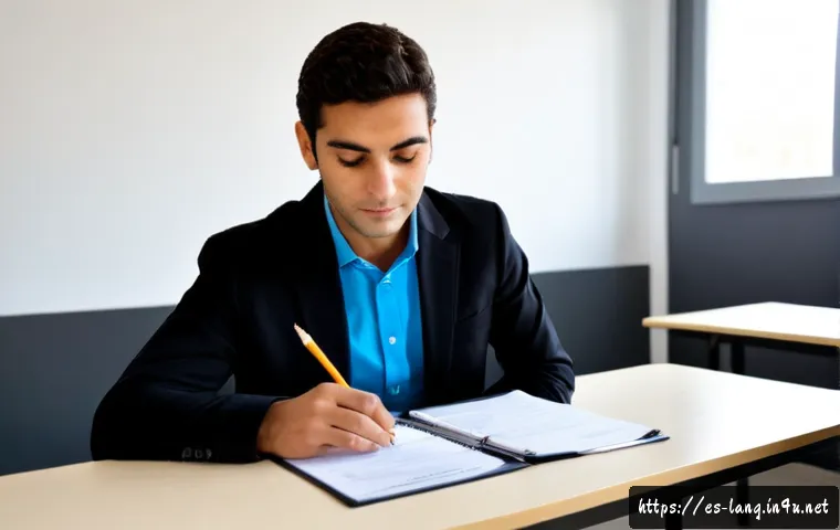 Home 17 Goethe Zertifikat 시험 후기 - Photorealistic Spanish-speaking adult test taker in a quiet modern language examination room in Madr...