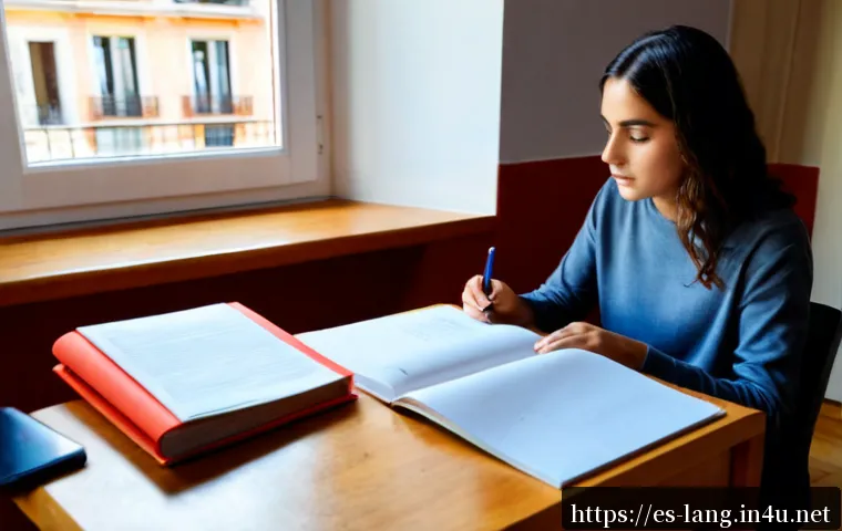 DELF 시험 후기 및 팁 모음 - Photorealistic Spanish-speaking adult student preparing for a French language proficiency exam at a ...